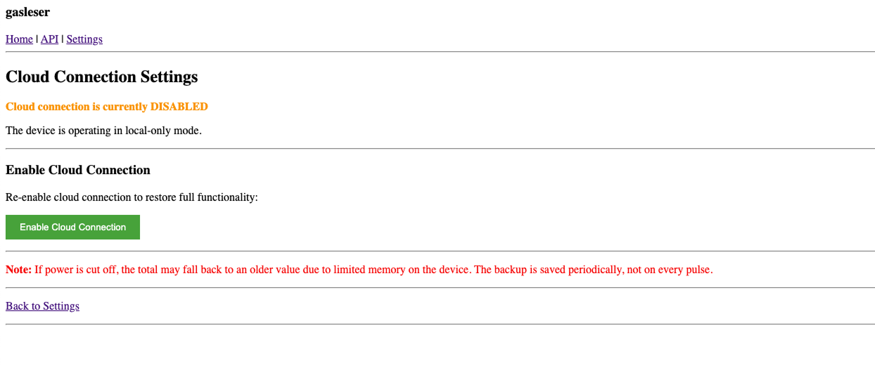 Cloud Connection Settings – Status: DISABLED